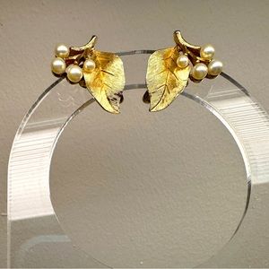 Trifari Gold Tone Leaf Earrings with Pearl Accents